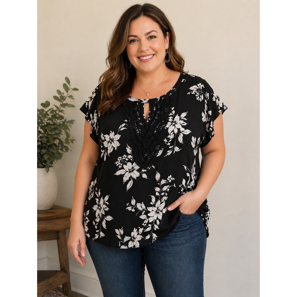 Daniel Rainn Black White Floral Lace Blouse 2X Boho Romantic Top